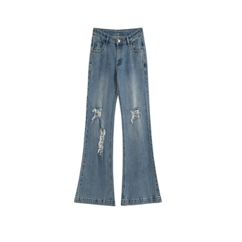 Azure french retro ripped jeans women's medium low waist slim straight wide leg floor-length pants summer