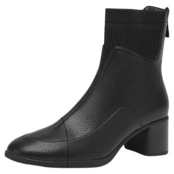 Saturday black british style short boots for women 2025 new slim boots women's socks boots thick heel martin boots sheepskin single shoes