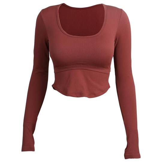 DCW带胸垫瑜伽长袖女紧身显瘦健身上衣跑步普拉提训练方领运动t恤