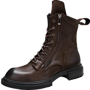 Autumn and winter cowhide high-top martin boots for men with zippers and round toes