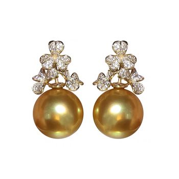 Earrings, round highlights, australian white necklace, south sea gold beads