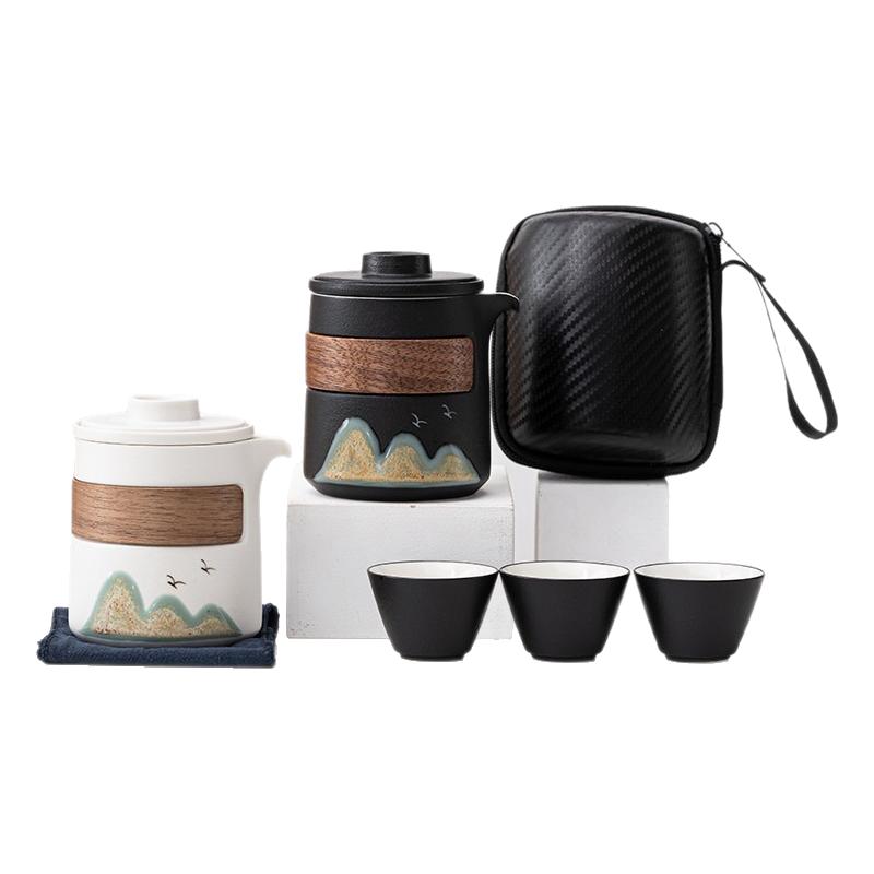 MiLv hand-painted tea set with a pot and three cups for remote mountain travel