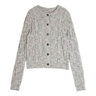 【XUZHI】ELLE中灰色圆领绞花毛衣开衫女2025秋季新款绵羊毛上衣