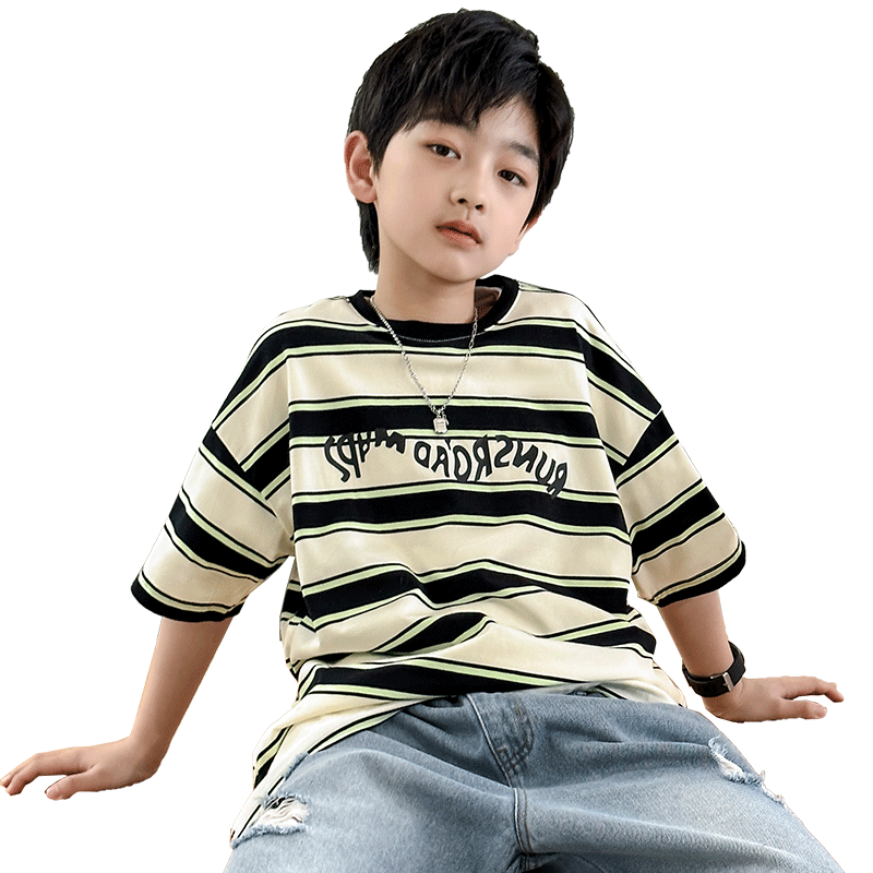 Boys with short -sleeved T -shirts in summer, thin children's summer strips, tattoo shirts, children's half -sleeved top Han Fan children's clothing
