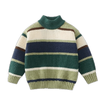 Qi Qi Xiong Boys Sweater Autumn and Winter Childrens New Childrens Pullover Sweater Striped High Neck Baby Thickened Women