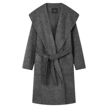 佧茜文翻领羊驼毛大衣2025冬季新款知性风简约宽松腰间系带外套