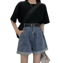 Retro denim shorts for women summer thin small high-waisted loose wide-leg A-line shorts summer curled hot pants