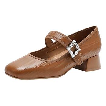 Hasson thick heel mary jane women's shoes 2025 spring new square toe women's singles shoes buckle small leather shoes hs256501
