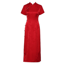 DPLAY2024 Summer New New Chinese Style Red Satin Chinese Improved Cheongsam Engagement Dress Womens Long Skirt