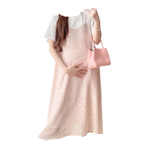 Maternity dress summer chiffon T-shirt dress suspender fake two-piece suit pure cotton fashion short-sleeved skirt for small people