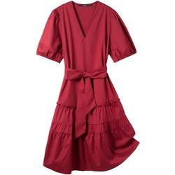 Gloria V-neck red dress women's summer ice Oxygen bar waist slimming small puff sleeve A-line skirt