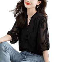 Black short-sleeved chiffon shirt for womens summer new style fashionable lace shirt loose belly covering slimming temperament top