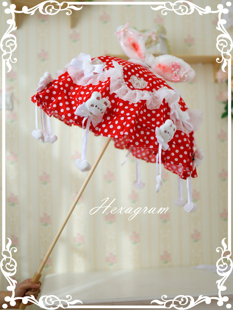 Cute polka dot dot bunny ears, vintage lolita style, six-pointed star, handmade long-handled antique lolita umbrella