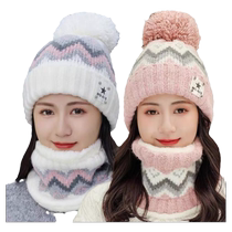 Fur ball with scarf hat for women autumn and winter Korean style ear protection wool hat thickened and warm fur ball cycling knitted hat