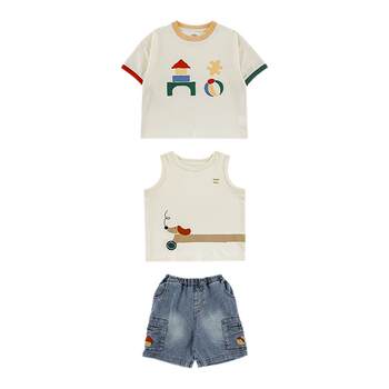 Youyou Boys Summer New Sleeveless Vest Contrast Color T-Shirt Loose Casual Shorts Colorful Building Block Series suit