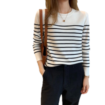 Black and white striped stitch sweatshirt female spring and autumn long sleeves sweaters reduced age foreign pistachio undershirt blouses