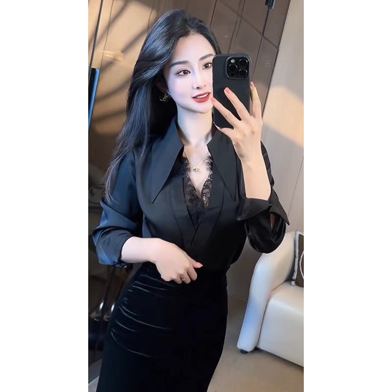 Black Elegant Lace Patchwork Stylish Shirt 2026 New Long-Sleeve Black Fashionable Blouse Top Black Elegant Lace Patchwork Stylish Shirt 2026 New Long-Sleeve Black Fashionable Blouse Top