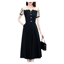 Dress womens summer 2024 new spring and autumn black large size short-sleeved petite temperament mid-length skirt