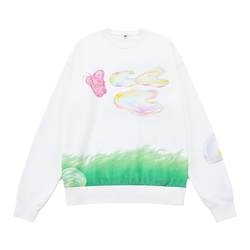 Crying Center Body Heat and Weight Art Collaboration Model Sweatshirt Cround Neck White with Ear Butterfly Bubble Illustration