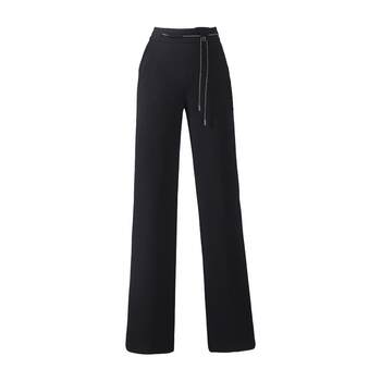 2026 summer suit wide leg pants drapey high waist straight elastic pants women's diamond lace up black commuting pants