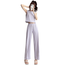 Ice silk sun protection clothing sports suit for women summer thin quick-drying fitness clothing high-waist slim drape casual wide-leg pants