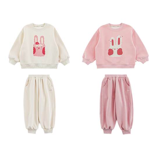 幼悠女童加绒加厚运动套装冬季小兔印花卫衣字母绣花宽松运动裤潮