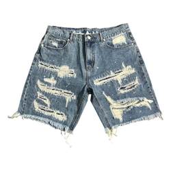 Chic brother niche uninhibited motorcycle destruction knife cut patch washed tassel denim personality summer men's five-point medium pants