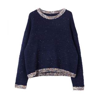 宝诗黎圆领亮片条纹毛衣女2025秋冬韩系气质时尚慵懒百搭针织上衣