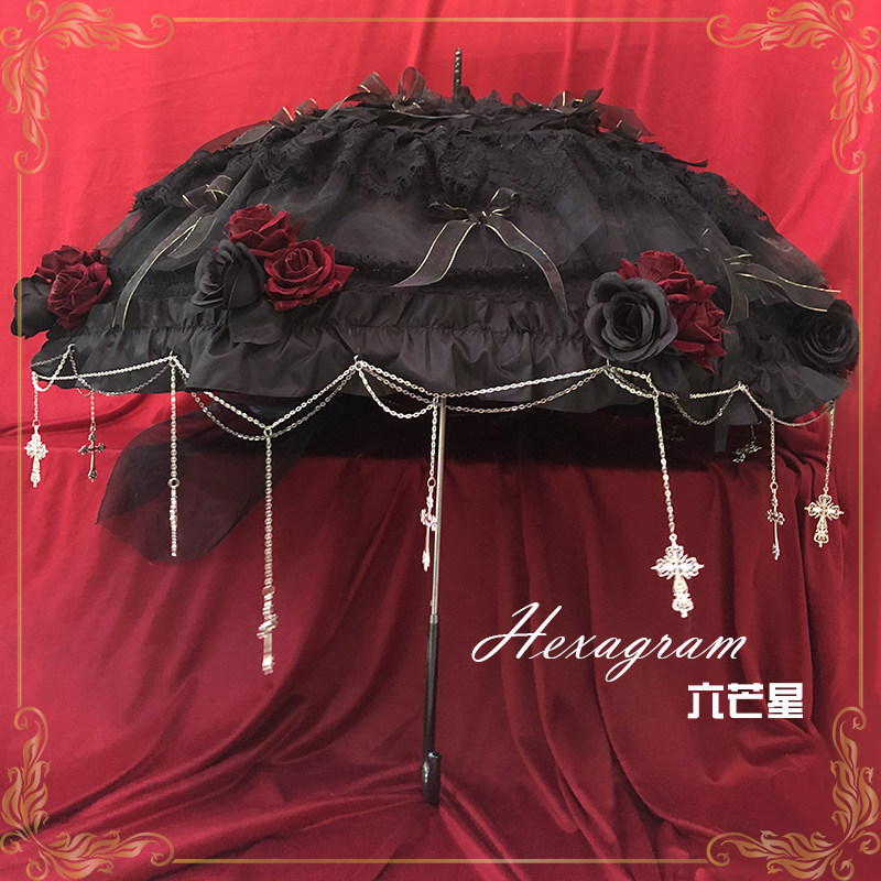 Hexagram Original Lolita Dark Gothic Style Gay Handmade Lace Rose Cross Tea Party Wedding Umbrella