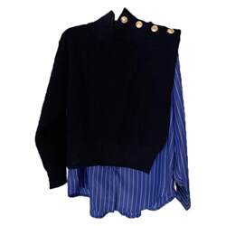 Korean chic niche design high collar chic side buttons fake two piece shirt spliced ​​striped striped puff sleeve sweater