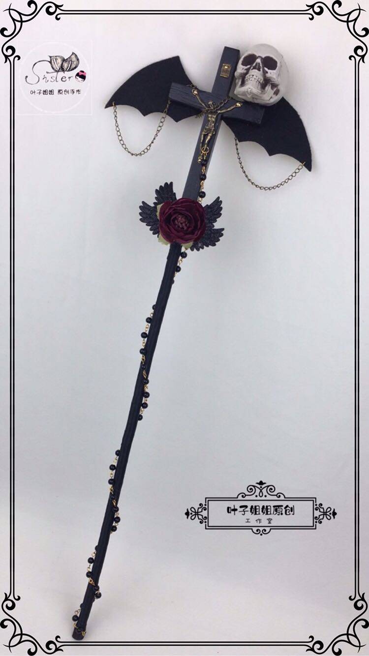 Original Gothic Dark Wings Skull Magic Wand Lolita Cross Rose Cane Halloween Props