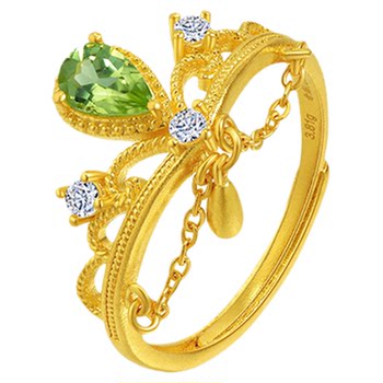 Old temple gold pure gold peridot ring with live mouth, adjustable, shining, exquisite crown, nobility, flowing fashionable temperament
