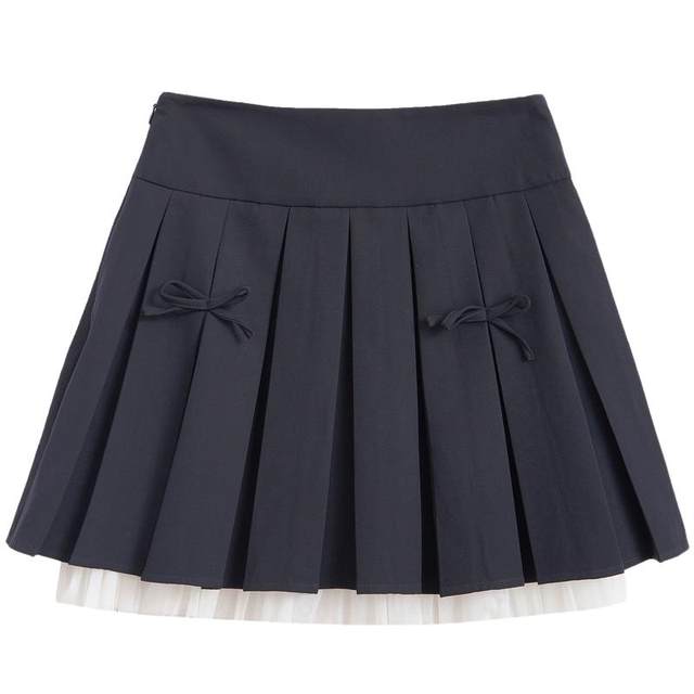 Zihan Bow High Waist Pleated Skirt Women's Autumn New Sweet College Style Fashion Mesh A-Line Skirt