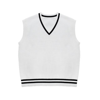 SHIJOIN原创米白色背心马甲黑白条纹针织学院风套头200153V领毛衣
