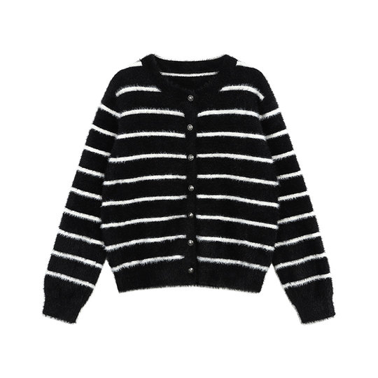 pusumede 清冷氛围感 软糯仿貂绒条纹毛衣开衫女气质针织外套上衣