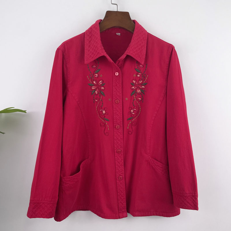 เสื้อเชิ้ตแขนยาวผ้าฝ้ายแท้ 100% สำหรับสตรีวัยกลางคนและผู้สูงอายุ เสื้อคุณแม่ไซส์ใหญ่ ใส่ได้ทั้งฤดูใบไม้ผลิและฤดูใบไม้ร่วง เสื้อปักลายสำหรับผู้สูงอายุ