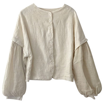 Natural Pastoral Linen Embroidered Suit Jacket French Natural Eco-Friendly Double-layer Puff Sleeve Jacket Pleated Sleeves Spring