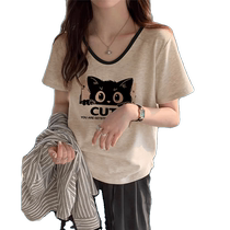 American retro V-neck right shoulder short-sleeved T-shirt for women summer pure cotton beige loose cat print T-shirt top