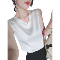 White Real Silk Harness Vest Woman Superior Feel Acetate satin V collar sleeveless bottom Shirt jacket in suit Nets