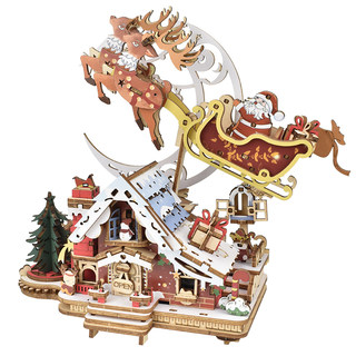 圣诞节木质拼装模型音乐盒diy手工麋鹿雪橇场景装饰摆件节日礼物