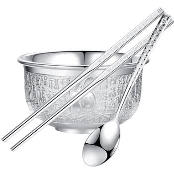 Authentic flash sale silver bowl 999a sterling silver mature silver chopsticks three-piece set Baifu silver tableware pure silver silver set ornaments