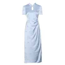 DPLAY2024 summer new Chinese style blue side slit improved national style cheongsam satin dress long skirt for women