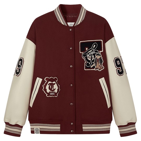 TeenieWeenie Bear Women's Jacket Fall Fashionable Contrast Color Spliced ​​Baseball Suit Wool Blender Top