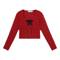 self-portrait 2024 early spring burgundy bow square neck knitted top