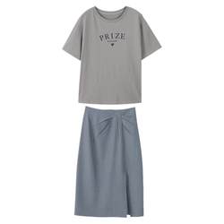 Xiangying casual suit women's summer 2024 new pure cotton T-shirt gray skirt two-piece set complete set