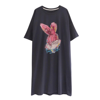 Graffiti Rabbit nightgown ແຂນສັ້ນ summer ຜ້າຝ້າຍບໍລິສຸດກາງຄວາມຍາວເກີນຫົວເຂົ່າງາມວ່າງຂະຫນາດໃຫຍ່ໄຂມັນ MM ເຮືອນໃສ່ບາງໆ