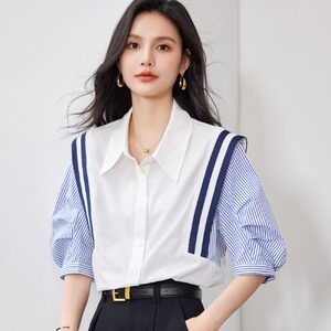 法式撞色条纹短袖衬衫女夏季2026新款宽松气质女士设计感小众上衣