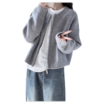 Grey sweater jacket Womens spring autumn 2024 new outwear Loose Lazy Wind short Zip Knit Cardiovert Blouse