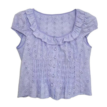 Anli sweet whitening taro mud purple striped design square collar top girly ເສື້ອຍືດອາຍຸລະດູຮ້ອນແບບໃຫມ່