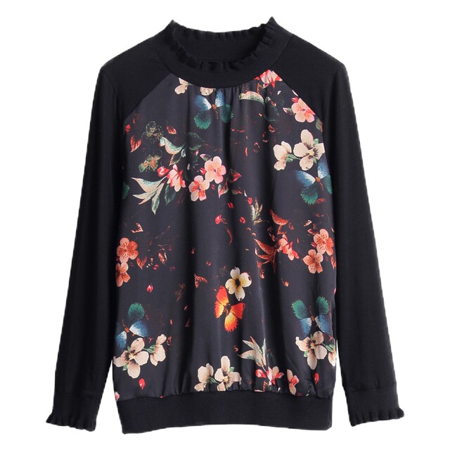 Large size slimming patchwork long-sleeved loose top women's t-shirt
